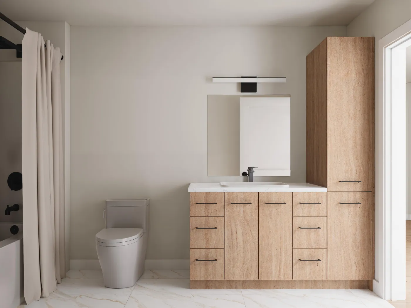 Bathroom with a vanity and tall linen cabinet