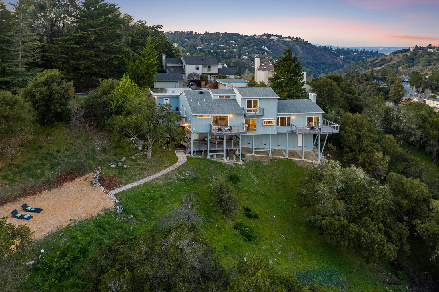 Aerial view of a Bay Area property at golden hour