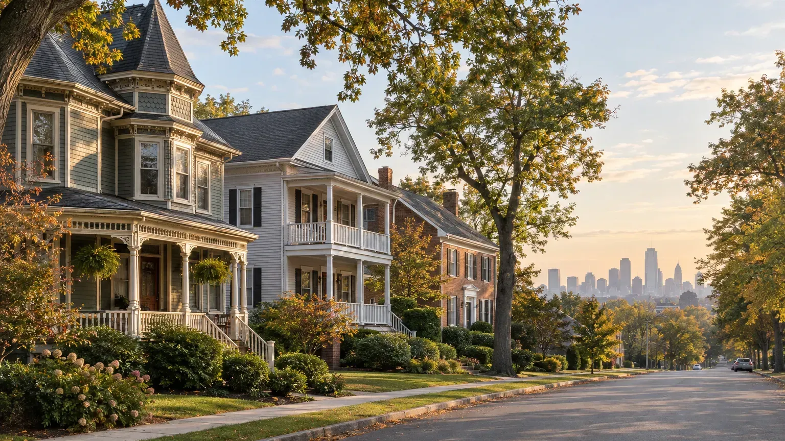 Tree-lined Essex County, New Jersey street with a Victorian, a two-family home and a brick Colonial