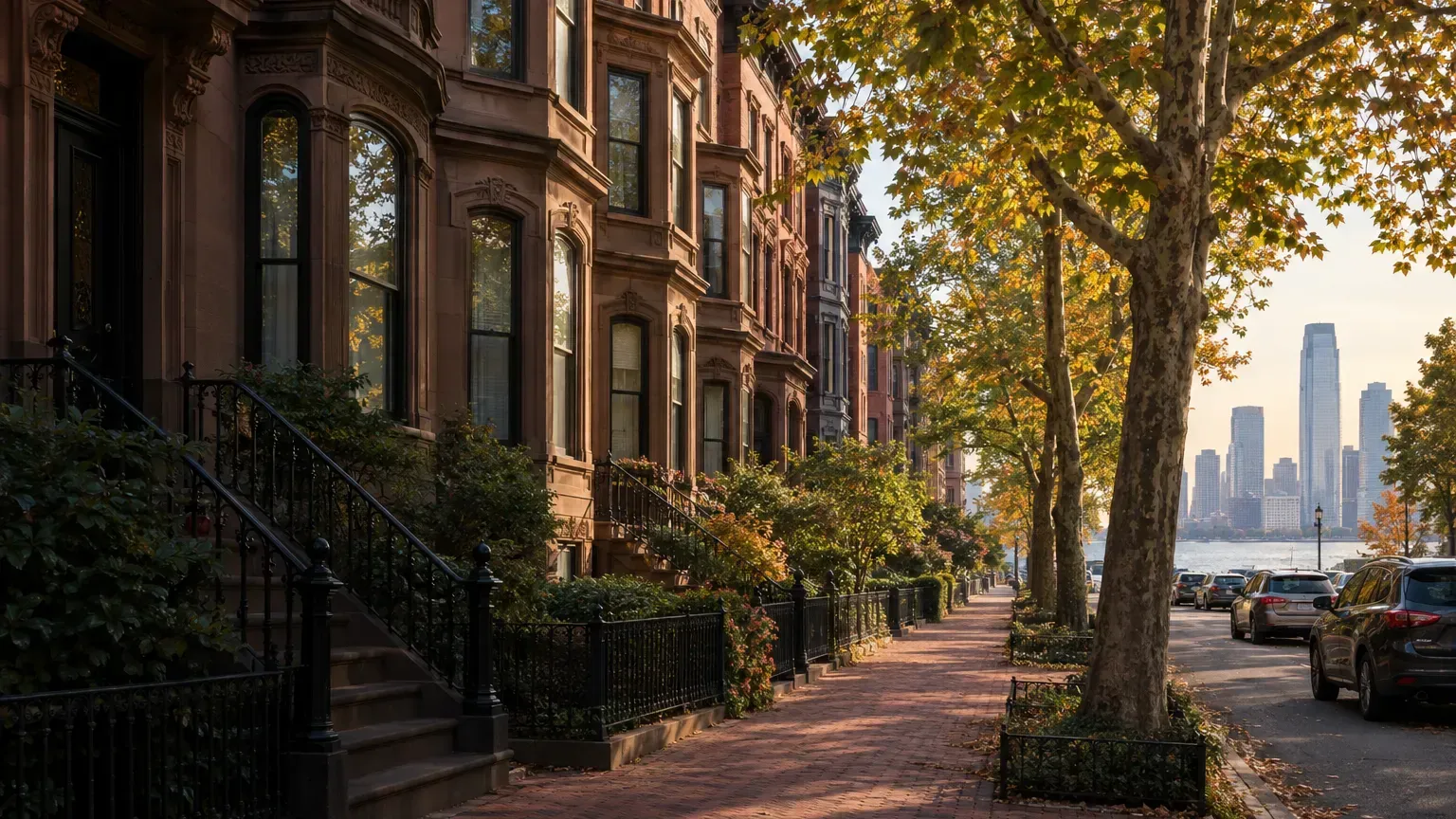 Row of historic brownstones on a tree-lined street in downtown Jersey City, Hudson County, New Jersey