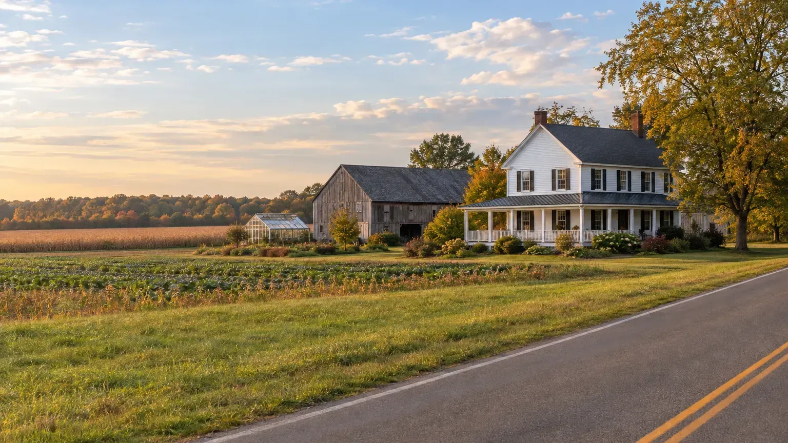 White farmhouse, weathered barn and greenhouse beside open farm fields in rural Cumberland County, New Jersey