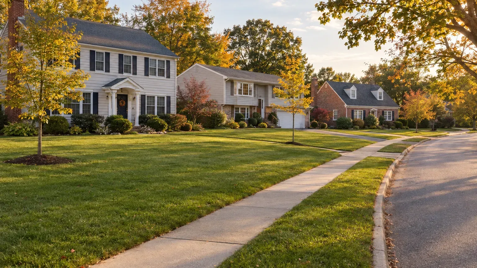 Colonial, split-level and brick Cape Cod homes on a tree-lined suburban street in Gloucester County, New Jersey