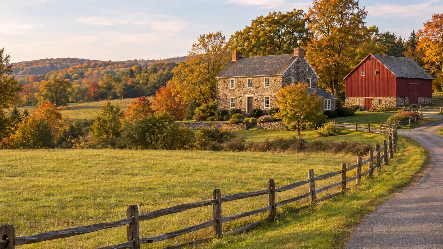 Fieldstone farmhouse and red bank barn among autumn fields in rural Hunterdon County, New Jersey