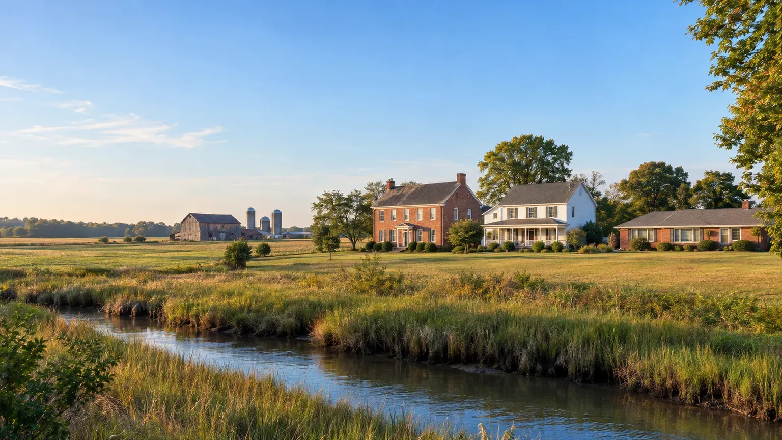 Red-brick Georgian farmhouse, white clapboard farmhouse and open farm fields in rural Salem County, New Jersey