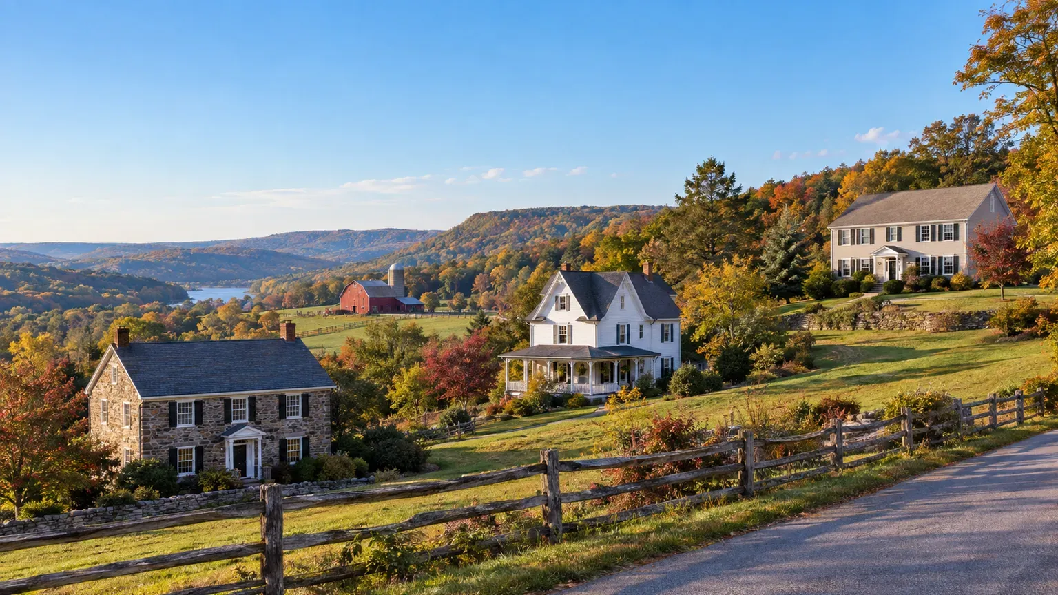 Stone farmhouse, white Victorian with wraparound porch and two-story Colonial above farm fields and the Delaware River valley in Warren County, New Jersey