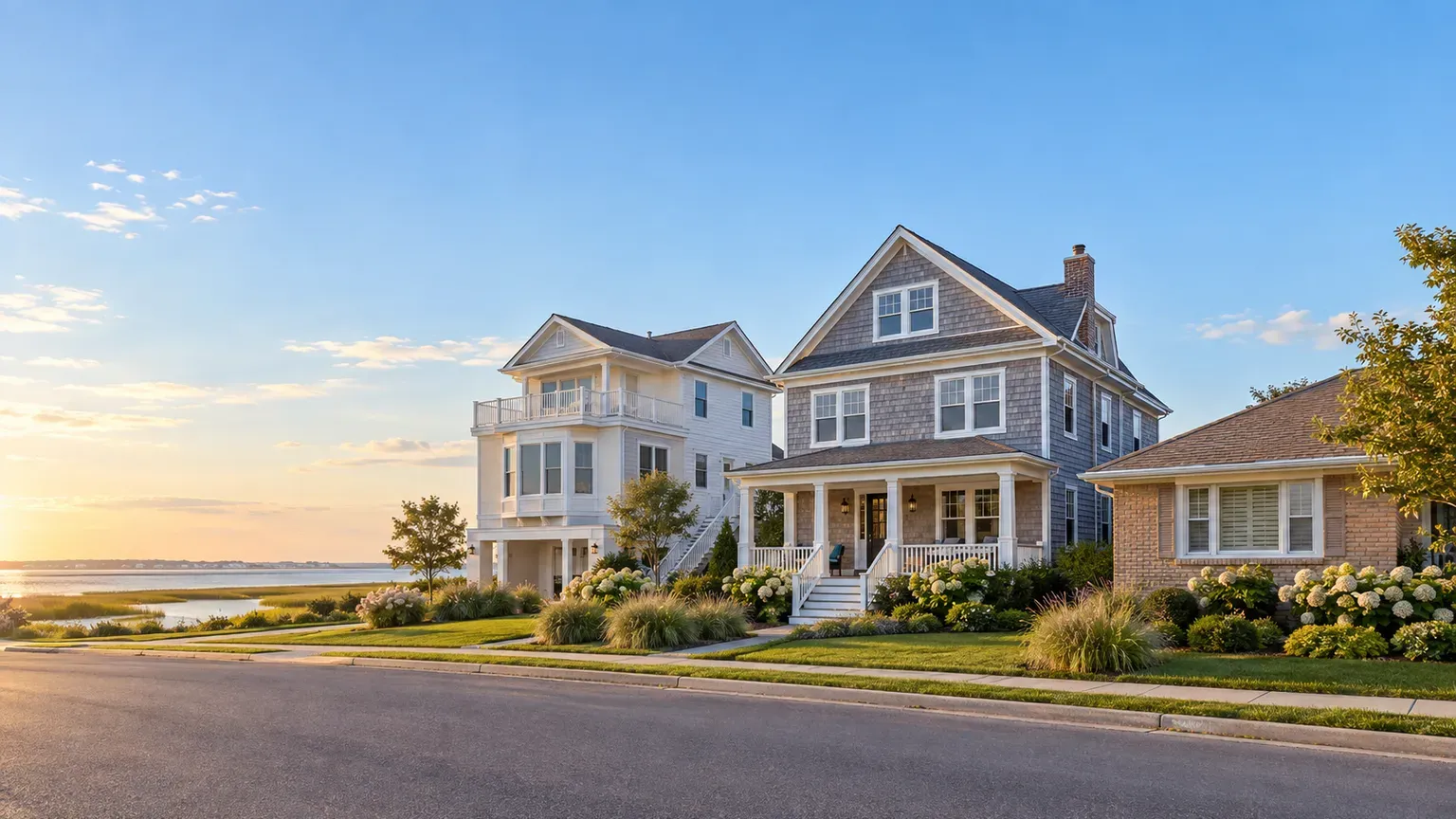 Elevated white shore home, shingled Colonial with front porch and brick ranch on a back-bay street in Atlantic County, New Jersey