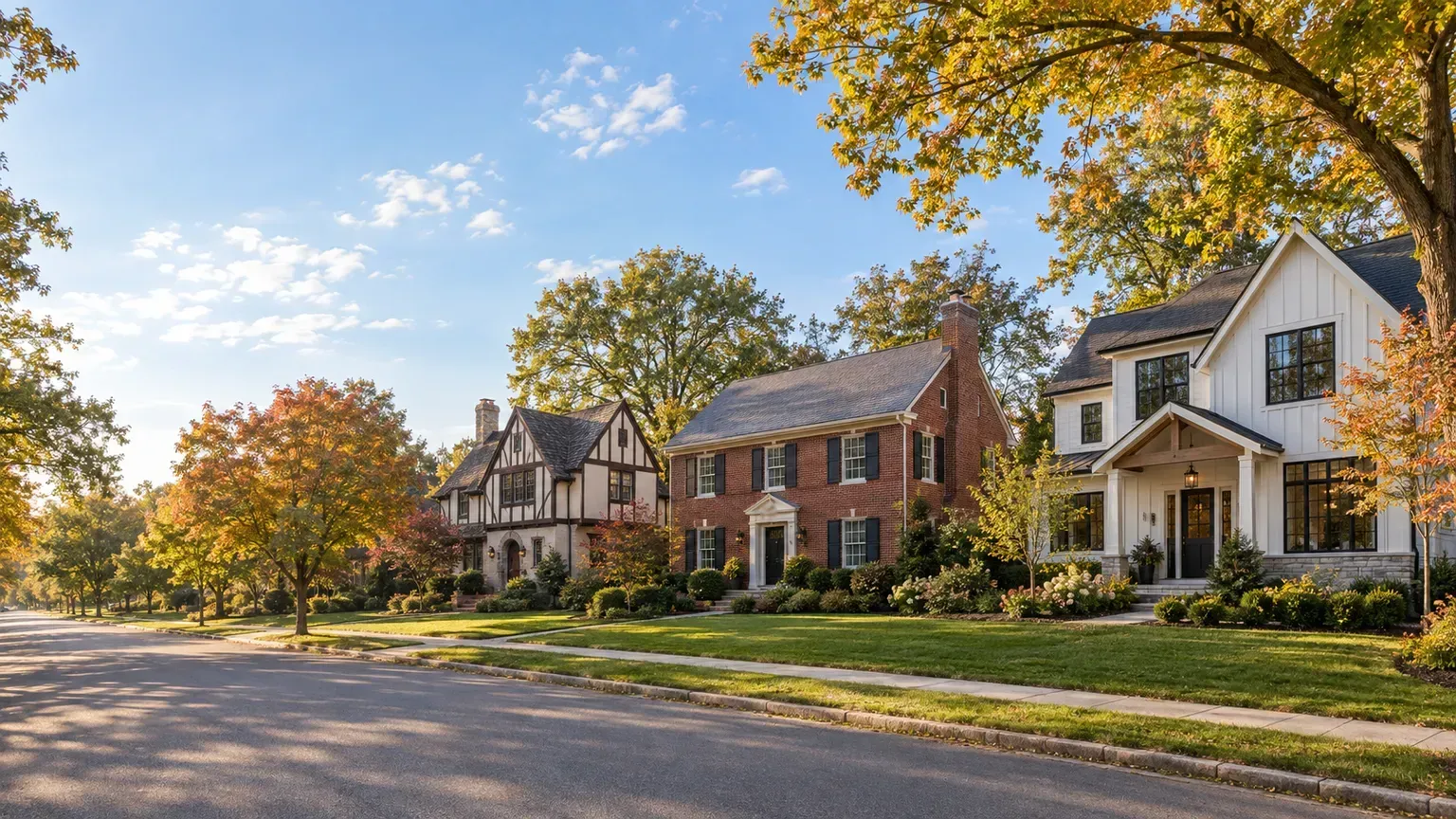 Tudor, brick Colonial and new-construction farmhouse-style homes on a tree-lined street in Bergen County, New Jersey