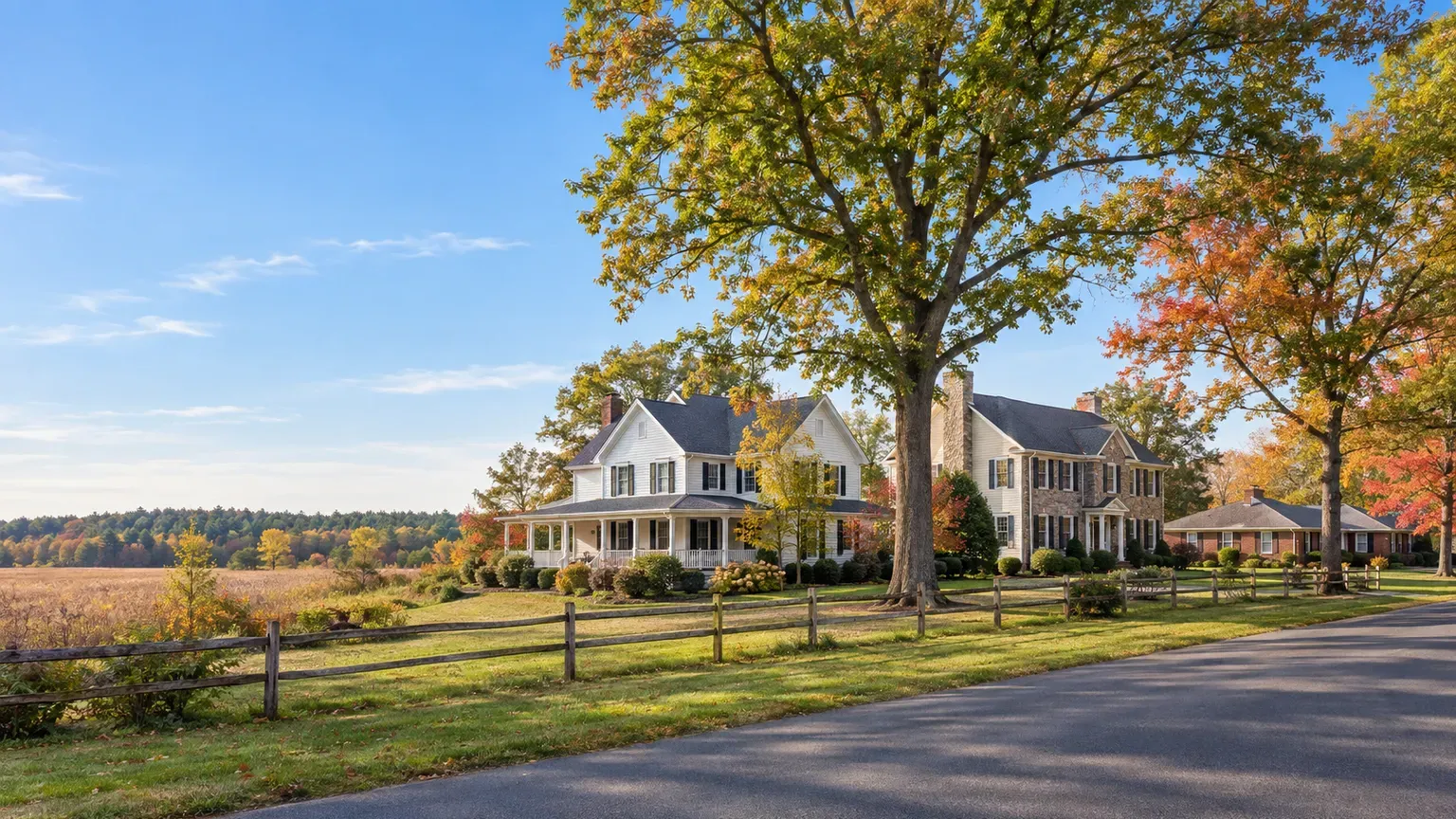 White farmhouse Colonial with wraparound porch, stone Colonial and brick rancher beside a farm field in Burlington County, New Jersey