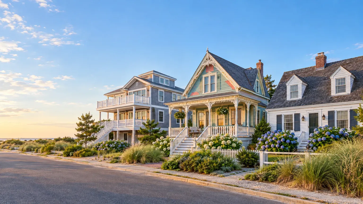 Elevated gray-shingled beach house, restored Victorian cottage with gingerbread porch and white Cape Cod in Cape May County, New Jersey