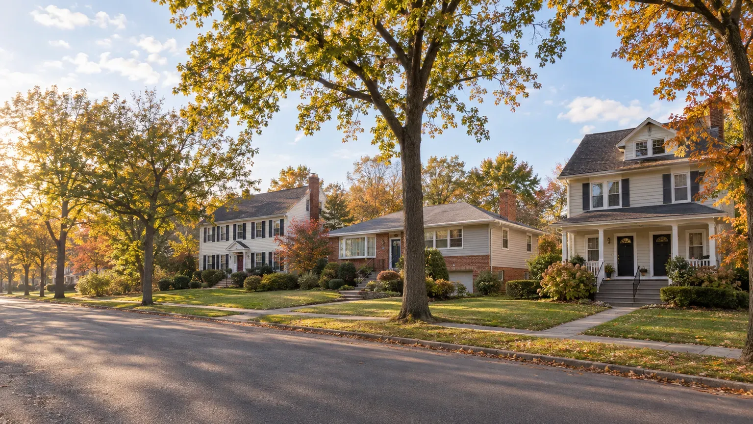 Colonial, brick split-level and two-family homes on a tree-lined street in Middlesex County, New Jersey