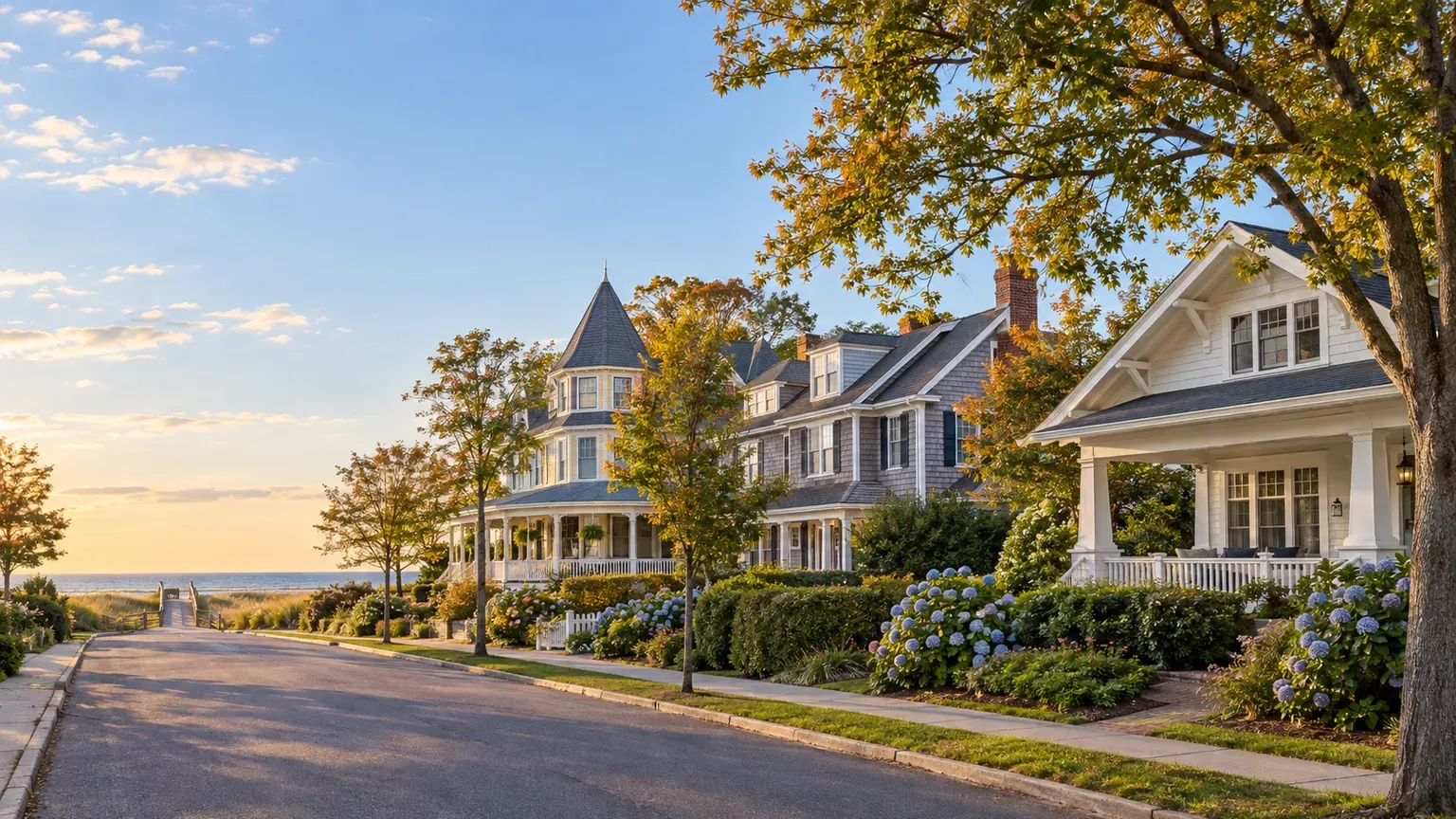Victorian, cedar-shingle and Craftsman shore homes on a tree-lined street leading to the ocean in Monmouth County, New Jersey