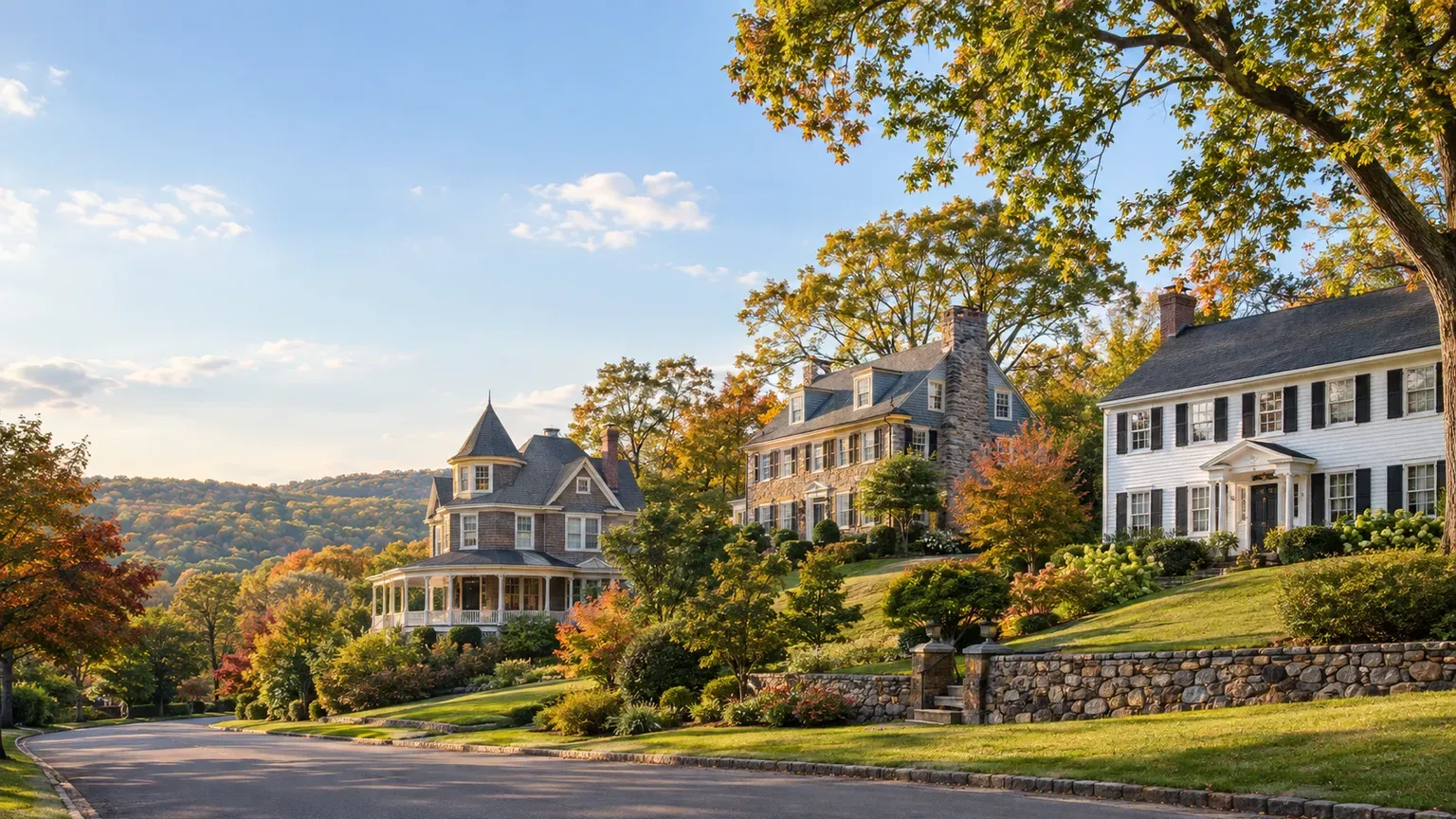 Shingle-style Victorian, stone Colonial and white Colonial homes on a hillside street in Morris County, New Jersey