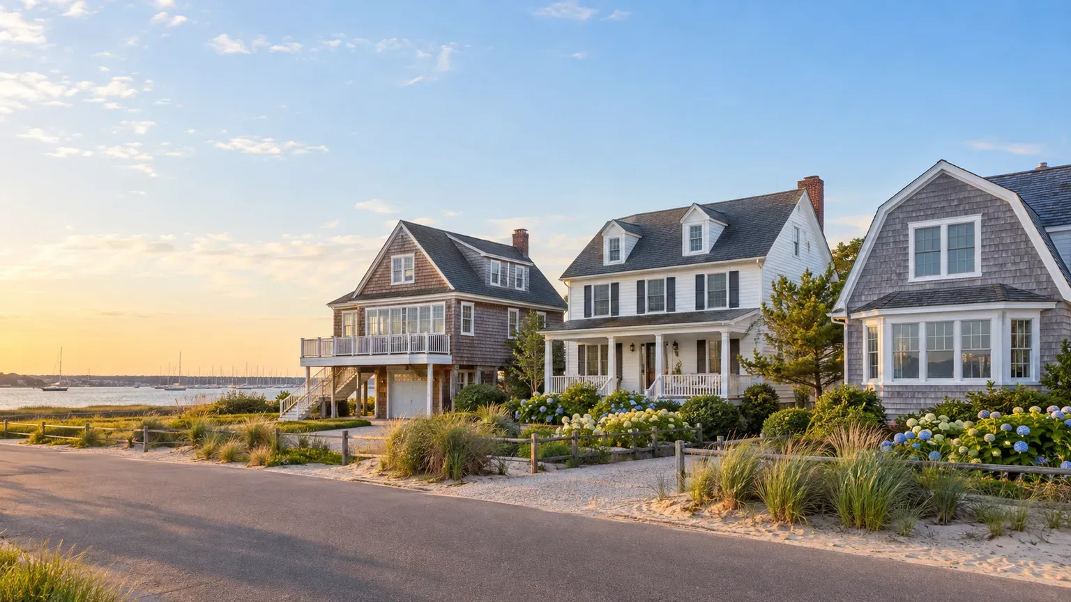 Elevated cedar-shingle shore home, white coastal Colonial and shingled cottage on a bayfront street in Ocean County, New Jersey