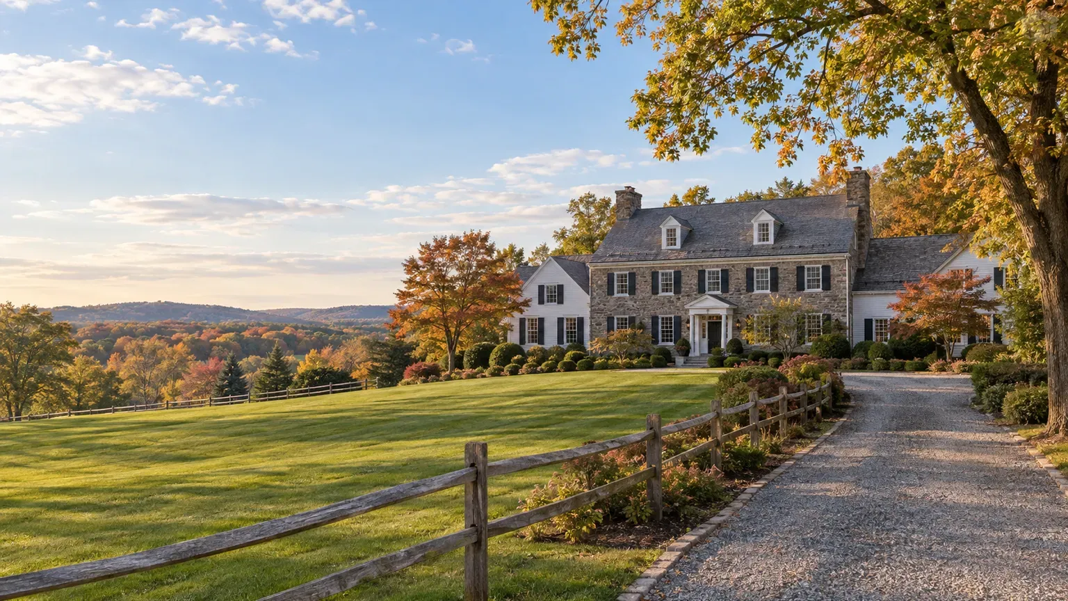 Stone and white clapboard Colonial estate home with split-rail fence and gravel drive in the rolling hills of Somerset County, New Jersey