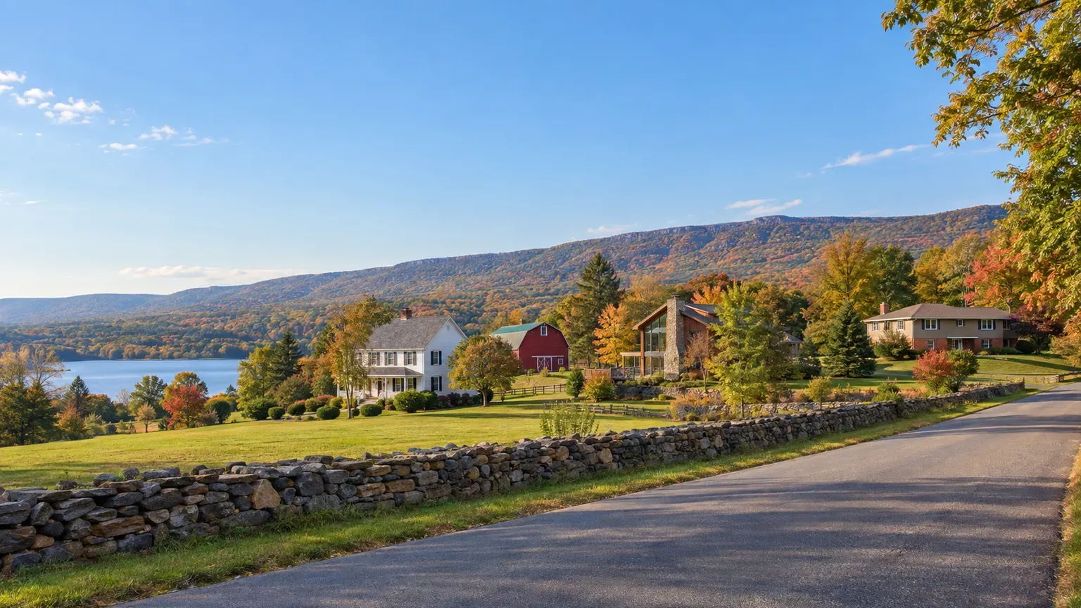 White farmhouse with red barn, stone-chimney lake contemporary and raised ranch below the Kittatinny ridge in Sussex County, New Jersey