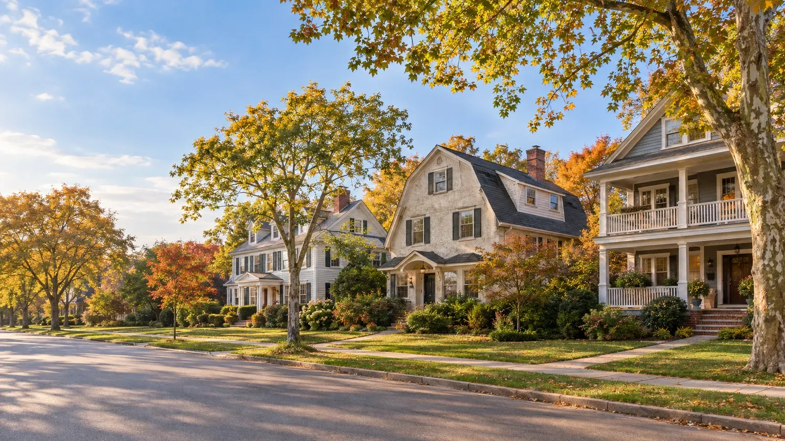 Colonial, Dutch Colonial and two-family porch homes on a tree-lined street in Union County, New Jersey