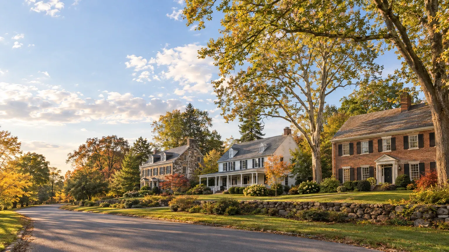 Stone Colonial, white farmhouse-style Colonial and brick Georgian homes on a tree-lined street in Mercer County, New Jersey