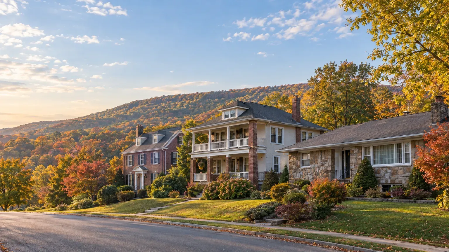 Brick Colonial, two-family porch home and stone-front ranch on a hillside street below a wooded ridge in Passaic County, New Jersey