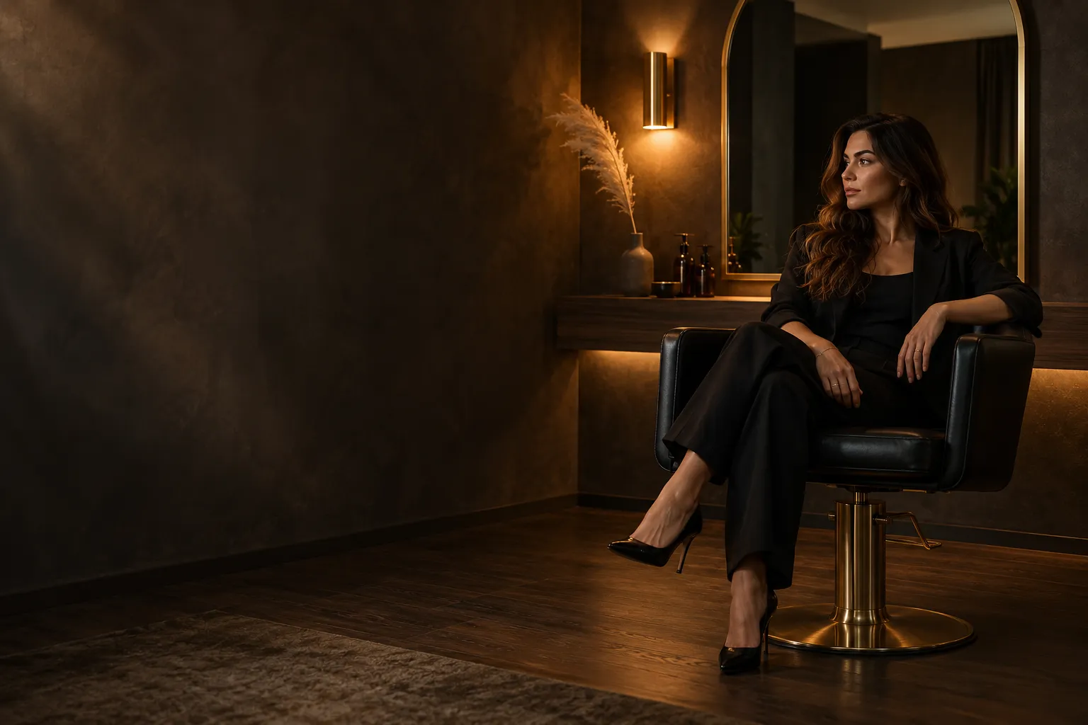 Salon suite owner seated in a warmly lit private suite