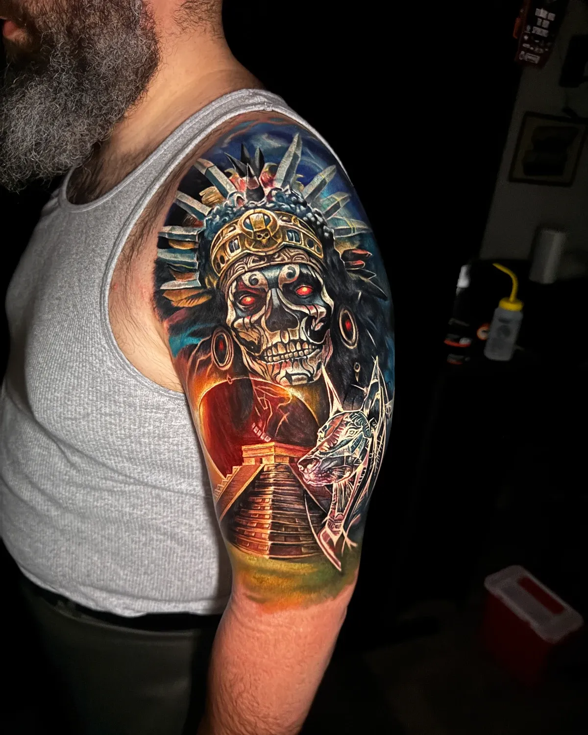 Color Mayan warrior skull tattoo by Noelin Wheeler