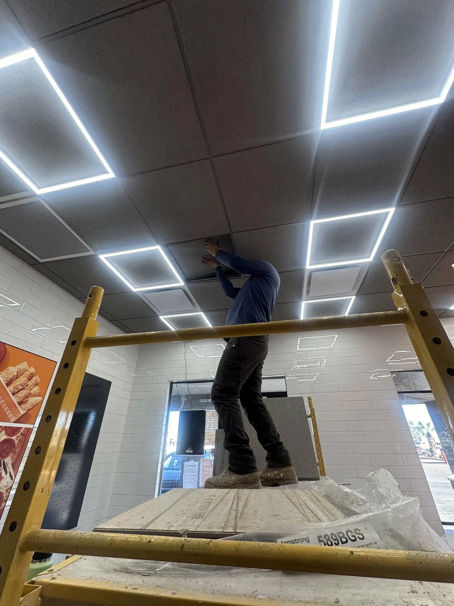 Walls and ceilings in a franchise restaurant build-out