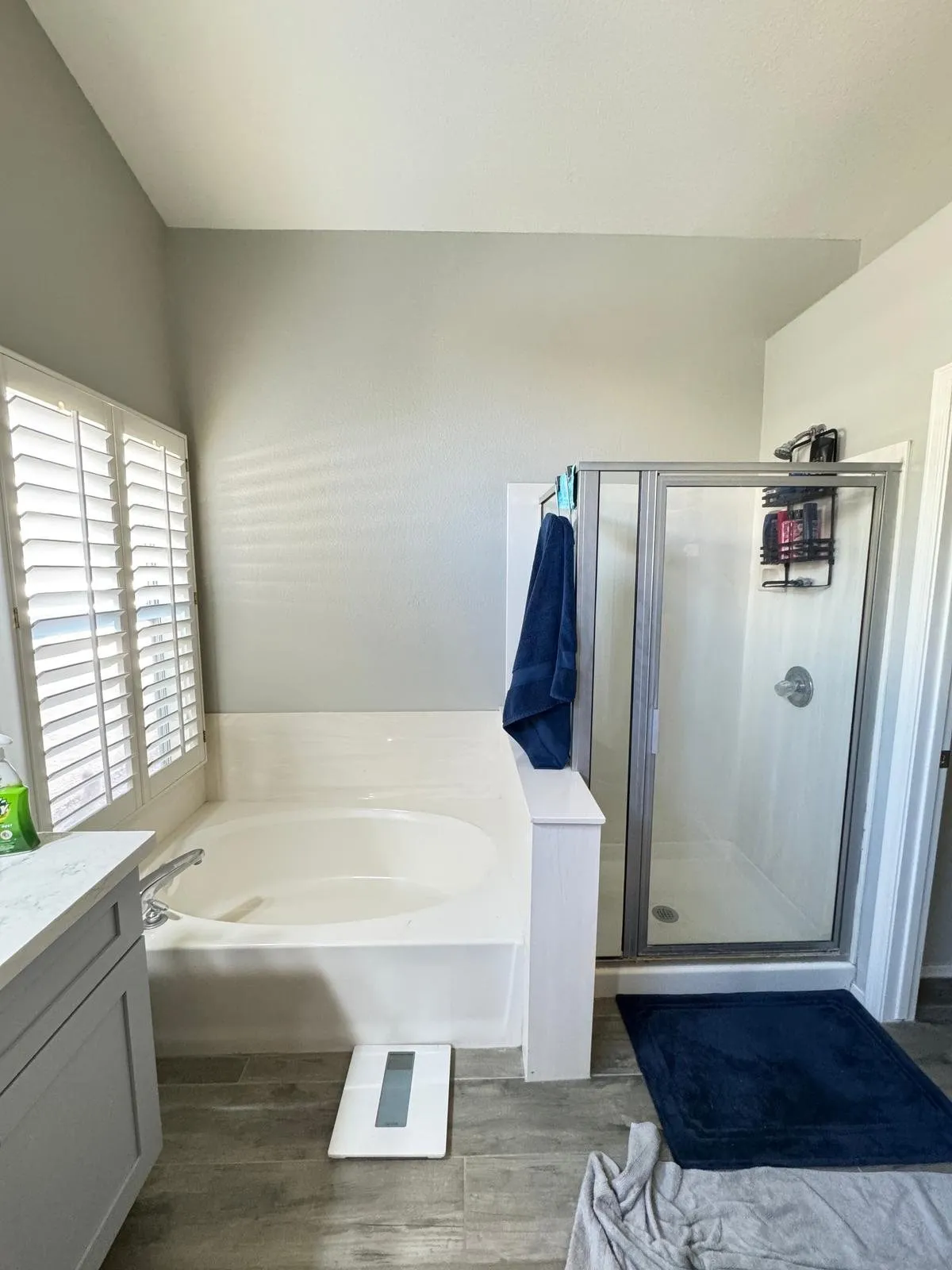 Bathroom with a garden tub and framed shower before remodel, Scottsdale