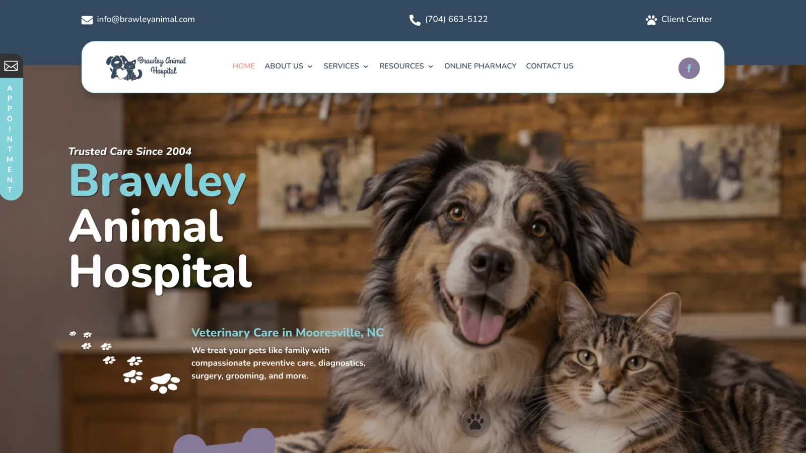 Brawley Animal Hospital homepage with a dog and cat and the Veterinary Care in Mooresville, NC headline