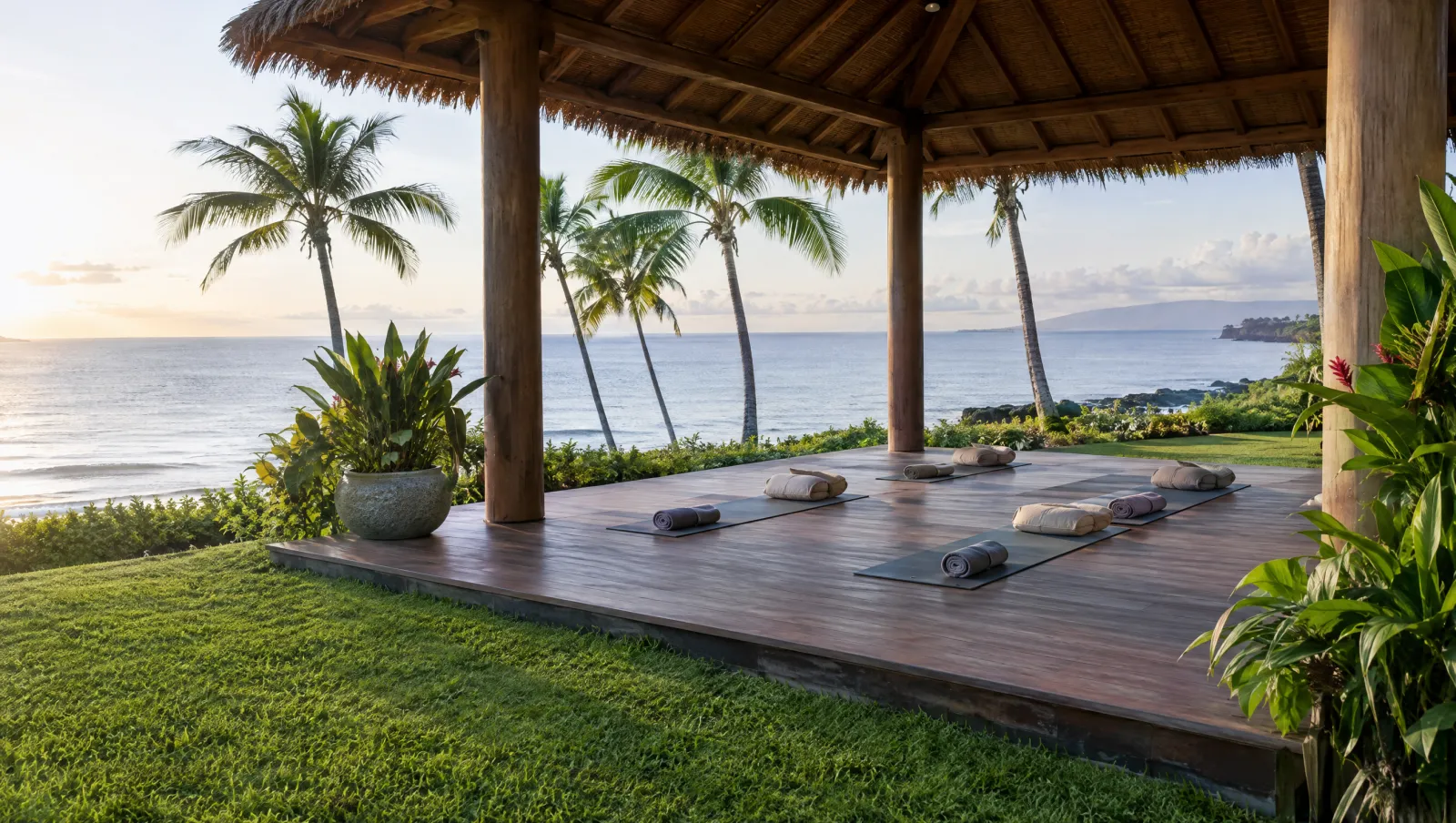 Open-air wellness pavilion facing the ocean