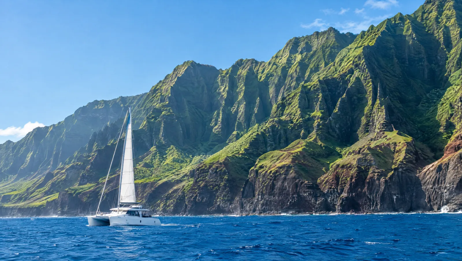 Catamaran beneath the Nā Pali cliffs, Kauaʻi
