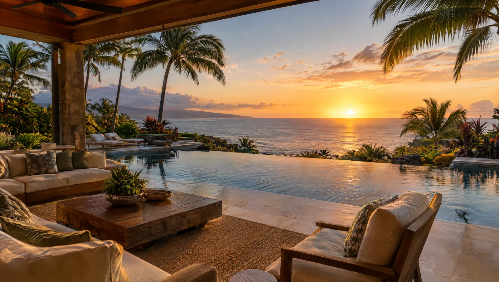 Private estate lanai above the ocean at golden hour