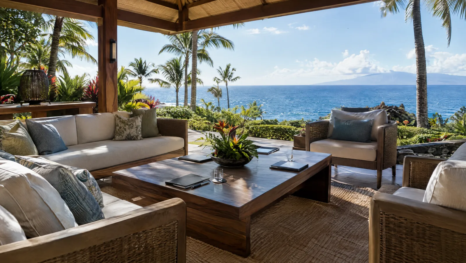 Open-air executive retreat pavilion overlooking the ocean