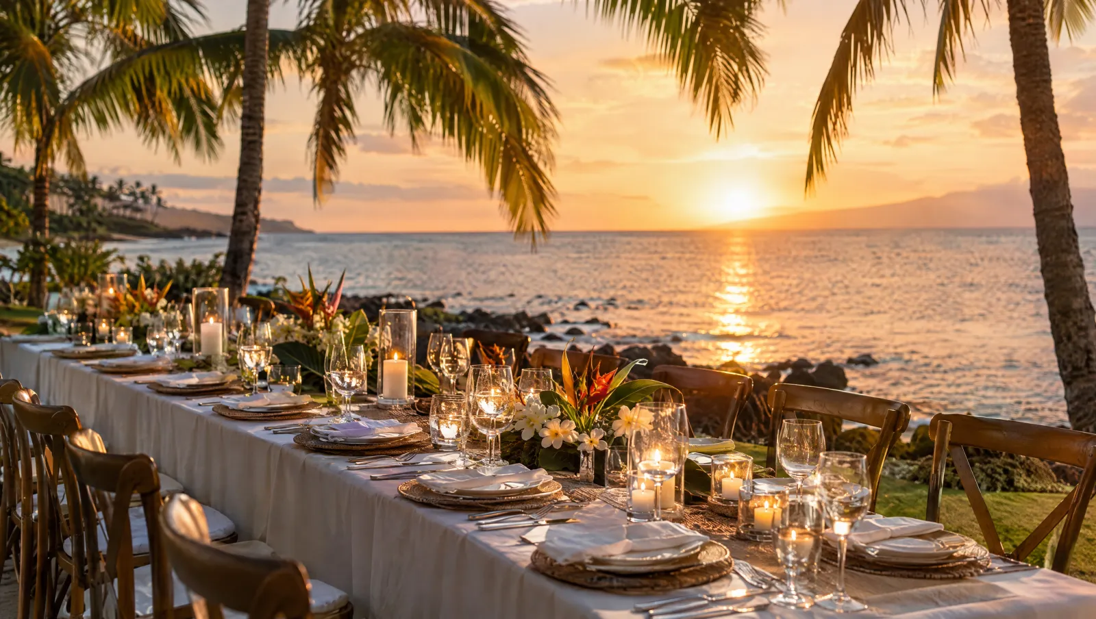 Oceanfront long-table dinner set at golden hour