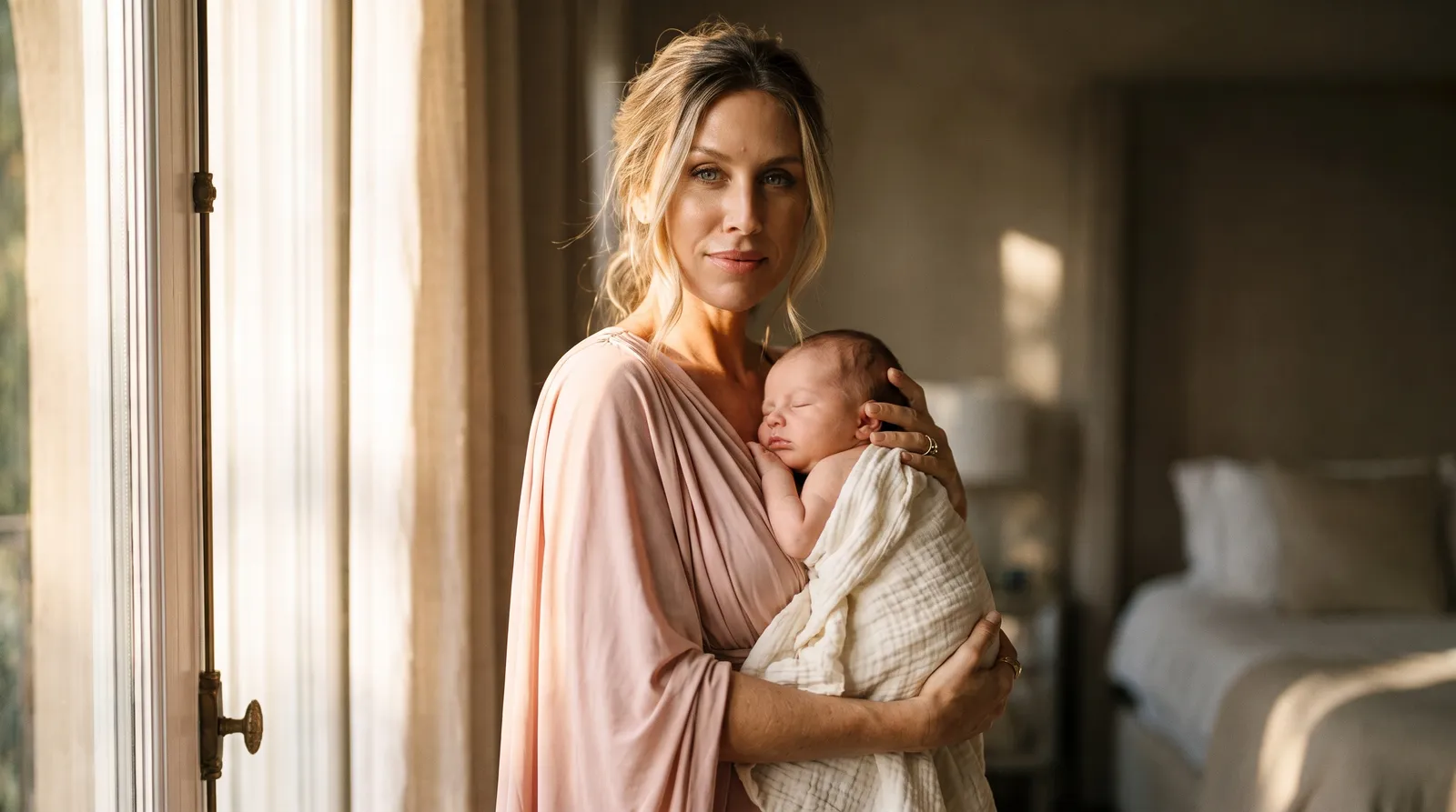 Une maman, debout près de la fenêtre, tient son nouveau-né endormi contre elle