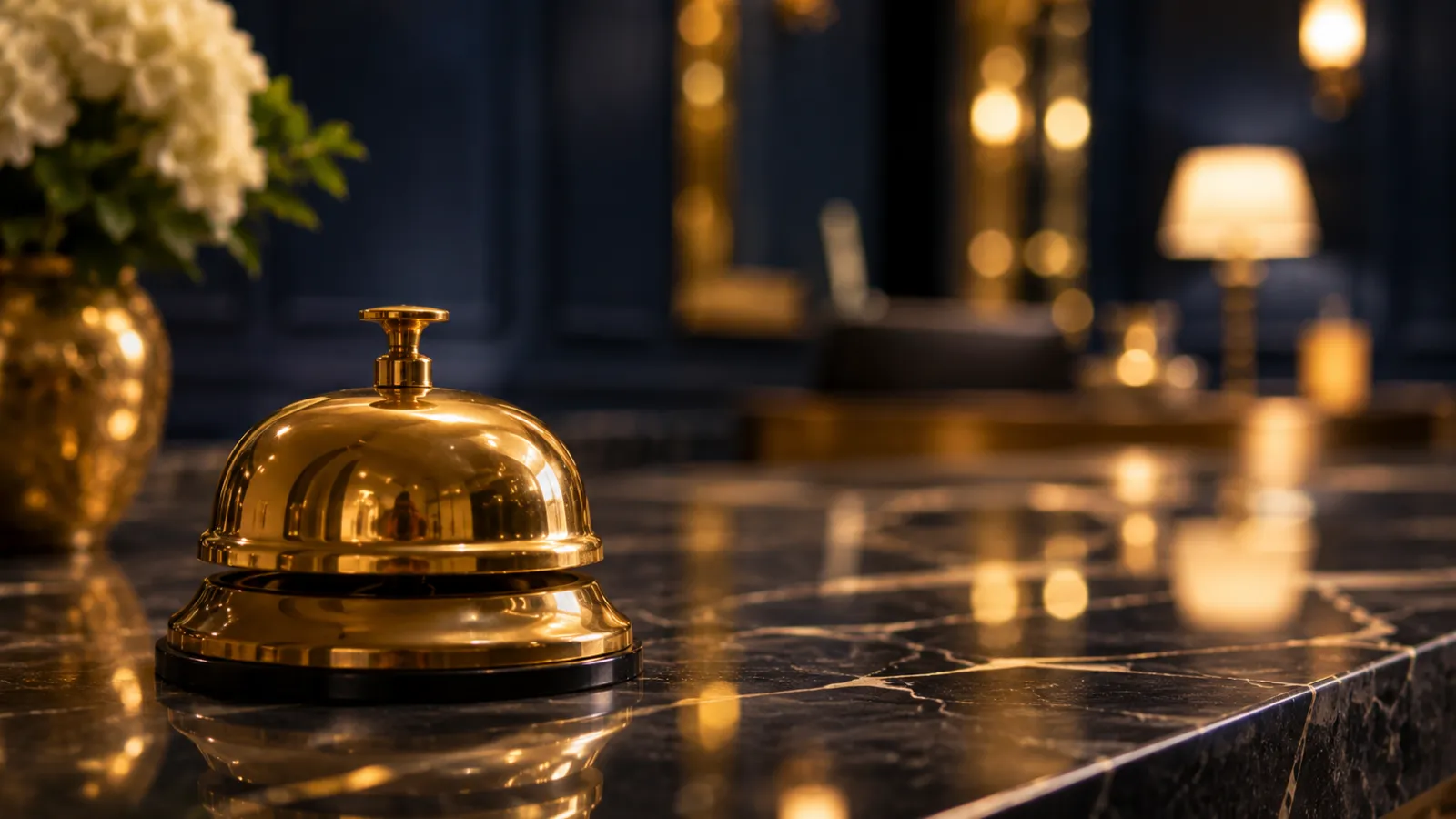 Cloche de réception dorée sur un comptoir, service de conciergerie SÉRÉMONIA