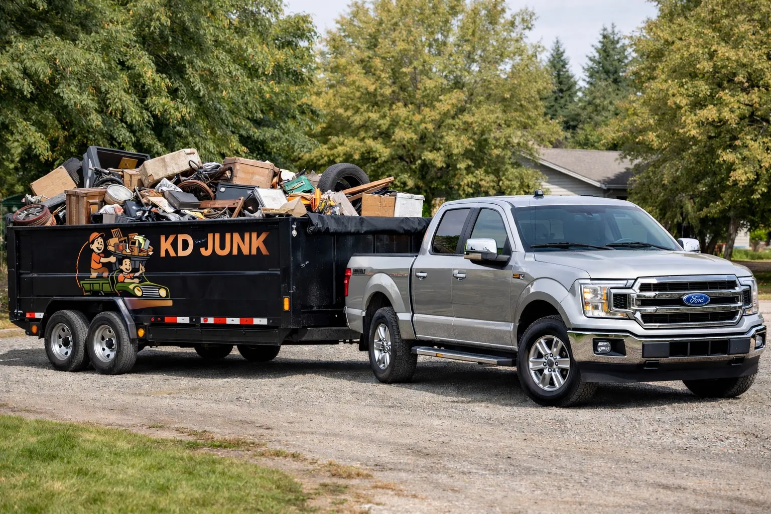 KD Junk pickup truck towing a branded dump trailer full of junk in Waxhaw, NC