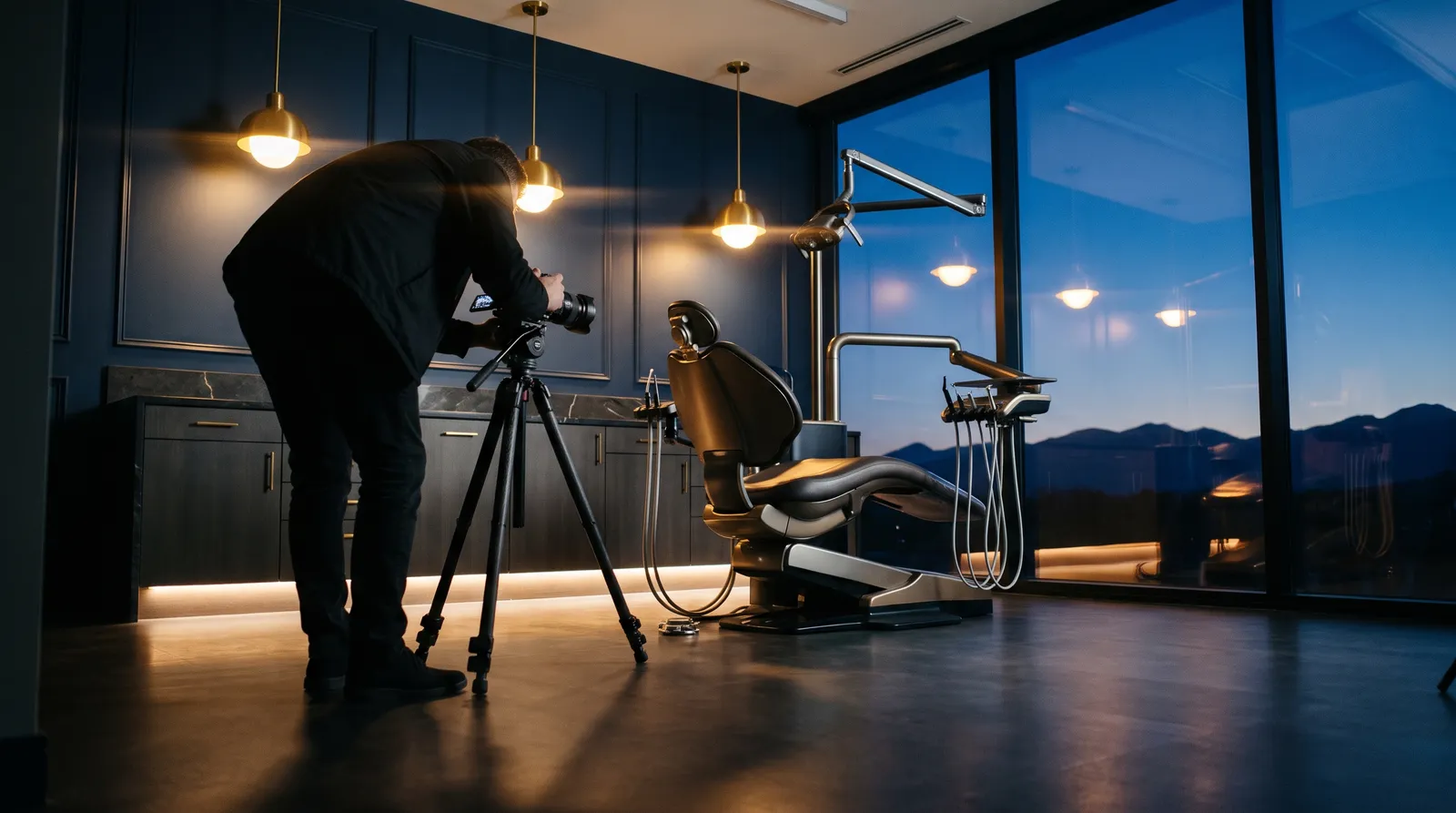 A photographer with a tripod shooting a modern dental operatory at dusk
