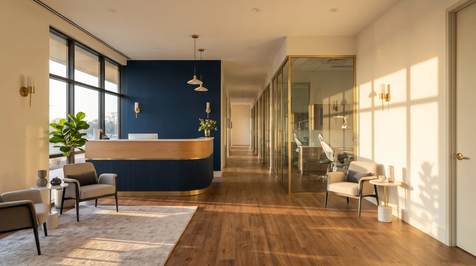 A sunlit dental practice corridor with oak floors and glass treatment rooms