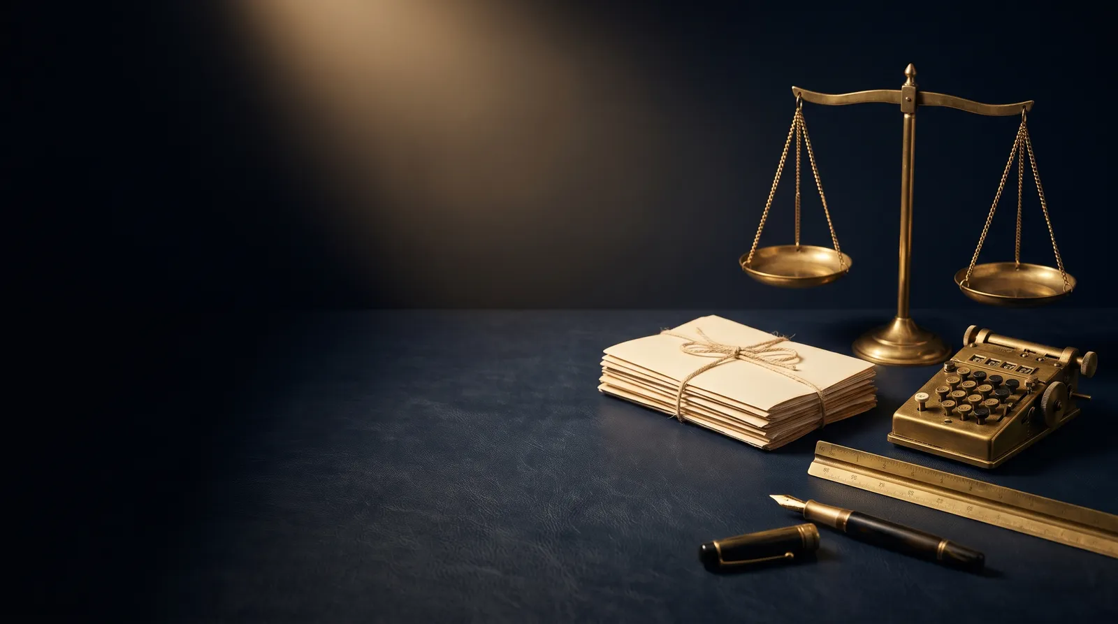 A brass balance scale, ruler and pen under a single warm light