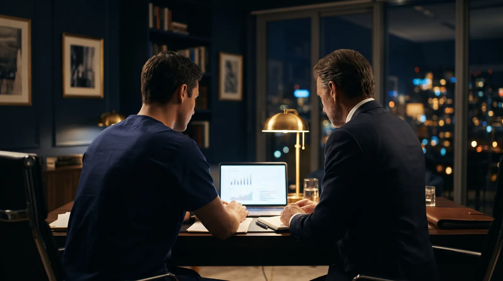 A dentist and an advisor reviewing charts on a laptop in a lamp-lit office