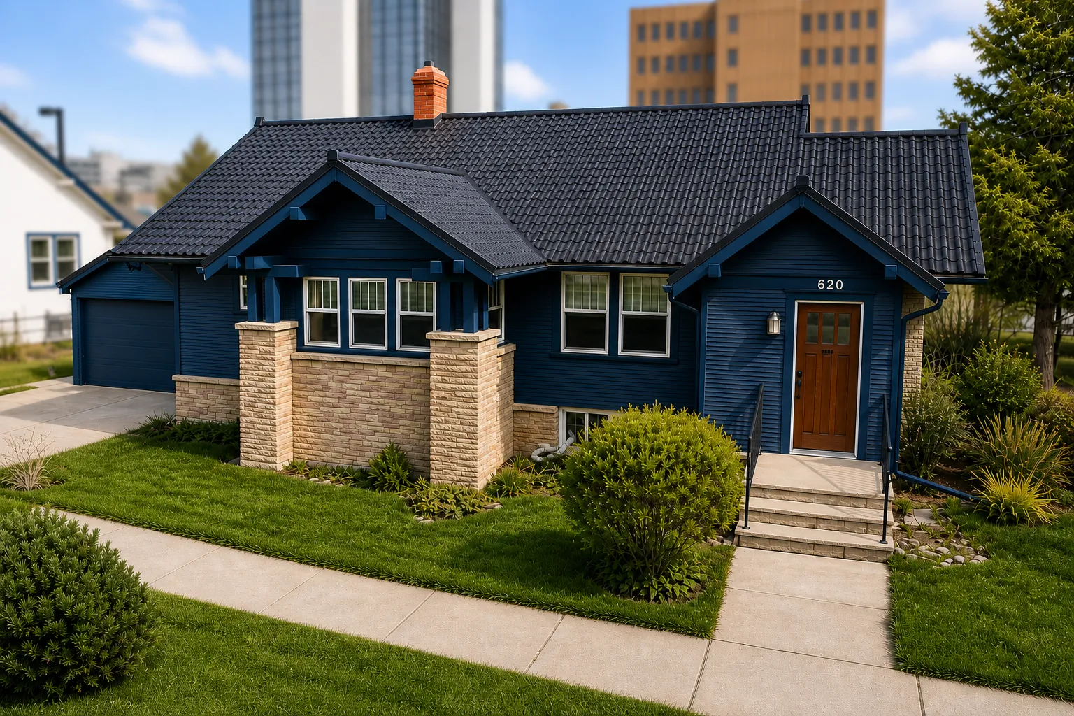 Front of 620 West Boulevard, a blue 1920 home with stone porch pillars, front steps and a one-car attached garage