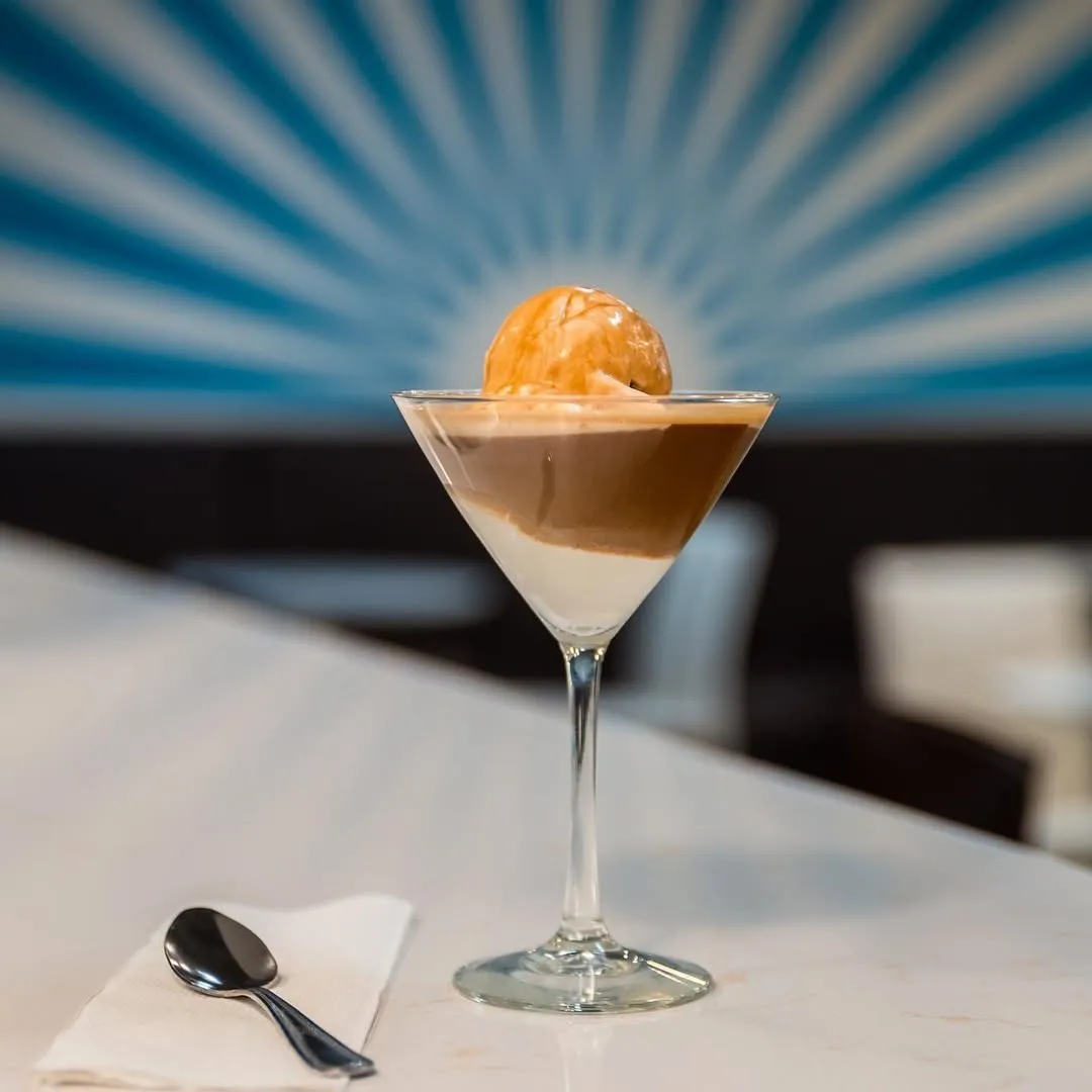 Affogato in front of our sunburst wall