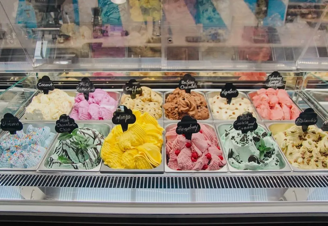 Our gelato case, full of fresh flavors