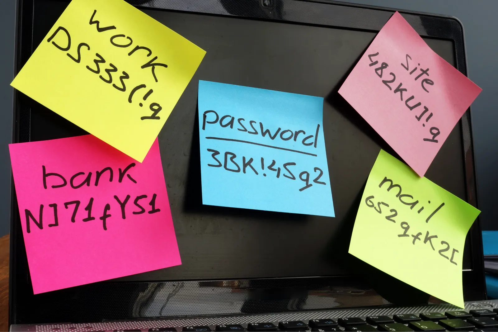 A laptop screen covered in sticky notes with passwords written on them