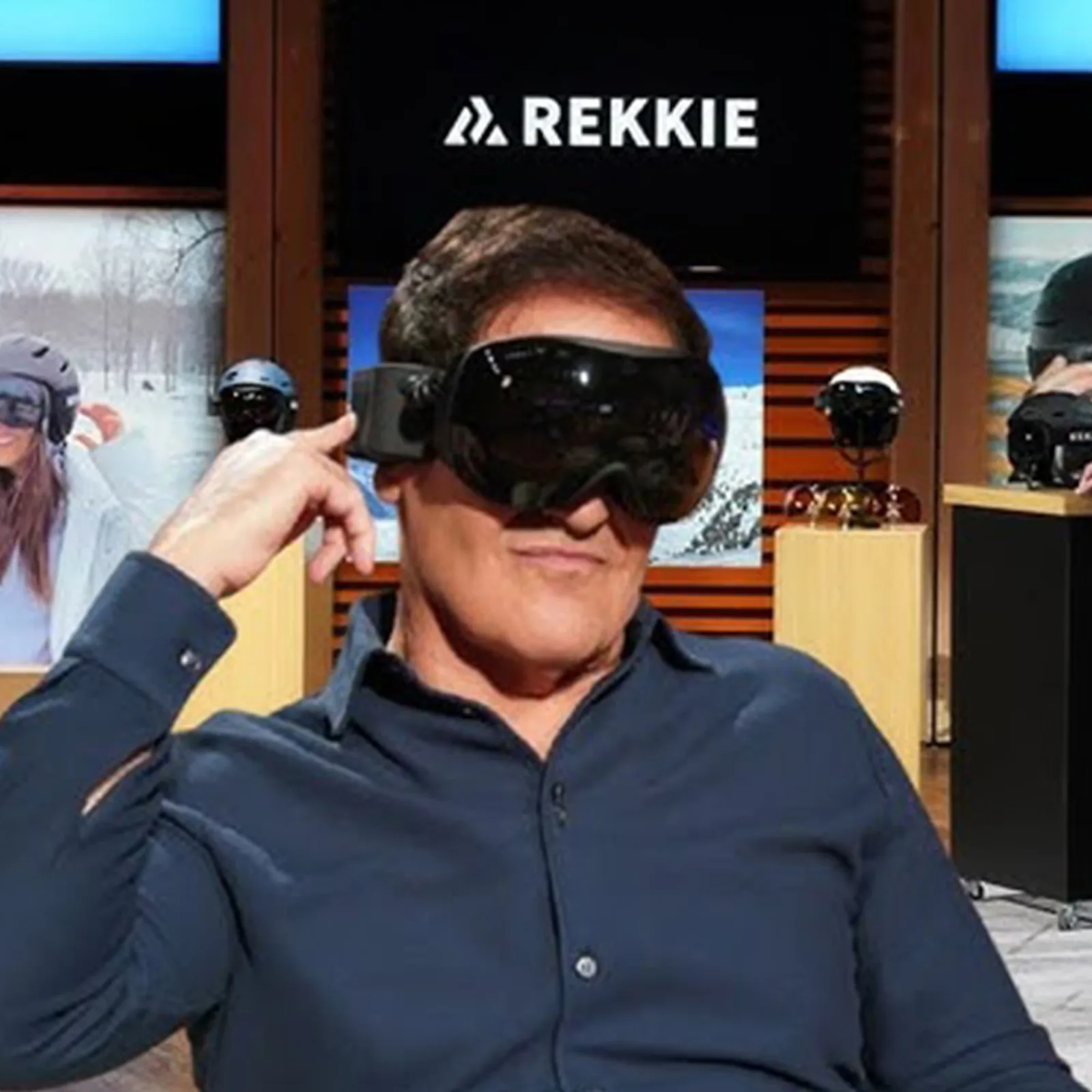 Mark Cuban trying on REKKIE goggles on the Shark Tank set