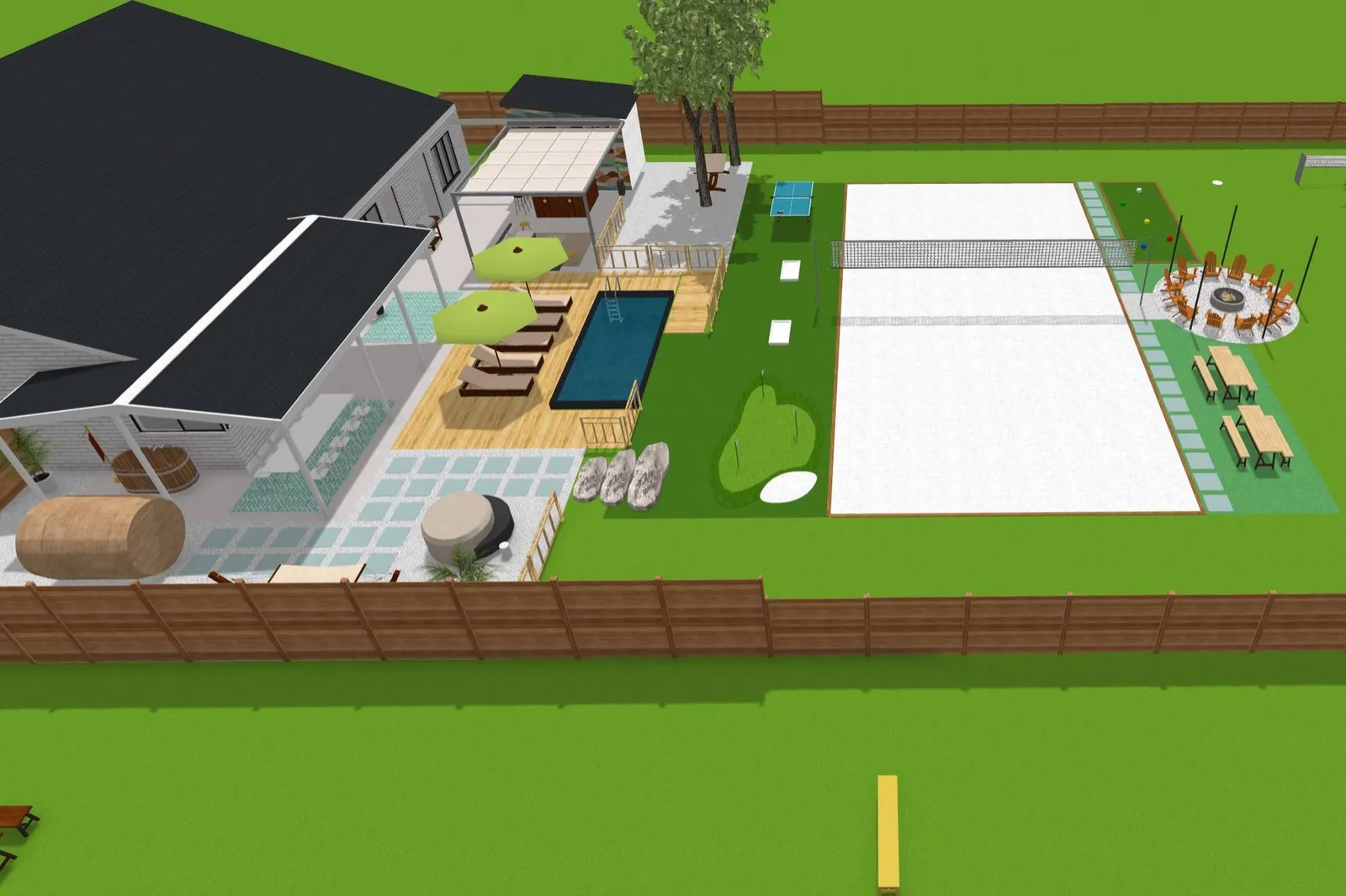 3D landscape rendering of a backyard plan: pool and deck, putting green, volleyball court, fire pit circle and dining laid out on the lot