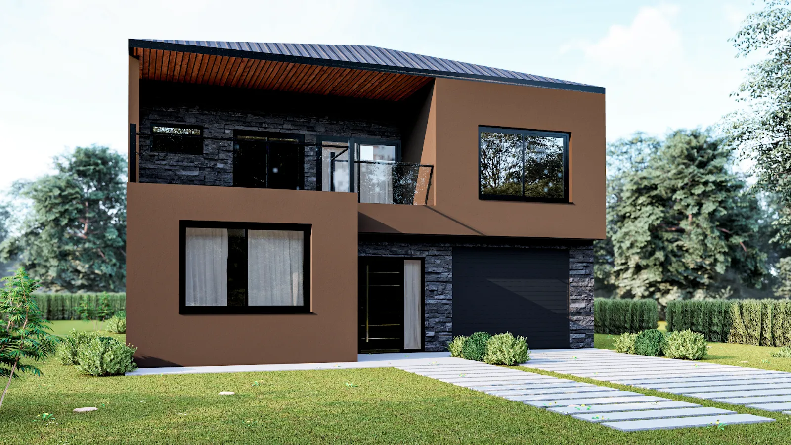 Casa 16 de Nesteel: vivienda de dos plantas con revestimientos de piedra y grandes ventanas