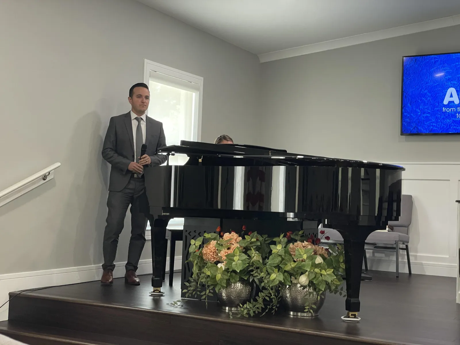 The platform and the grand piano at Naples Independent Baptist Church