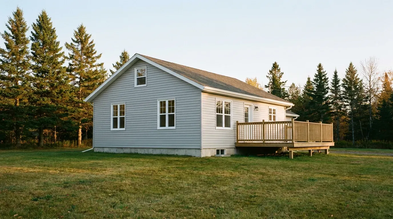 Storey-and-a-half house with light grey vinyl siding, white windows and a new wood deck, spruce trees behind