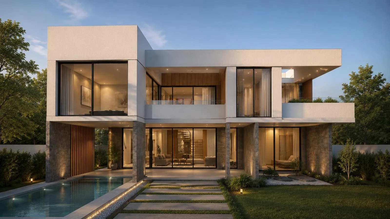 Vivienda premium de dos plantas con piscina, iluminada al atardecer