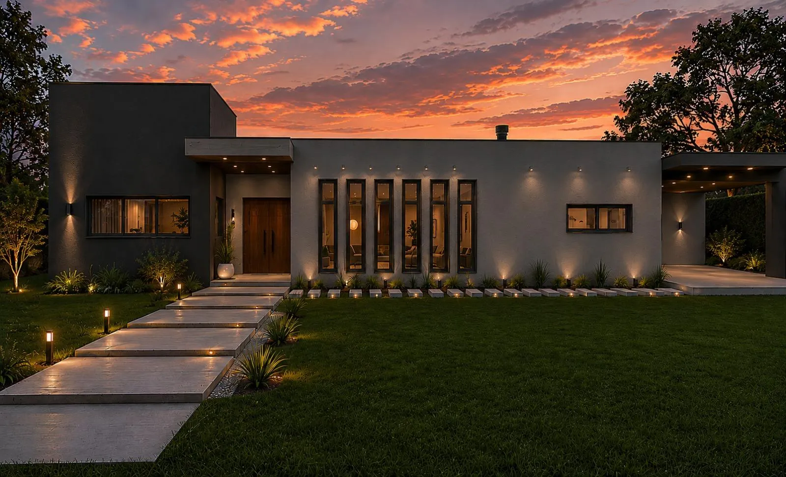 Vivienda de diseño con aberturas verticales y jardín al atardecer
